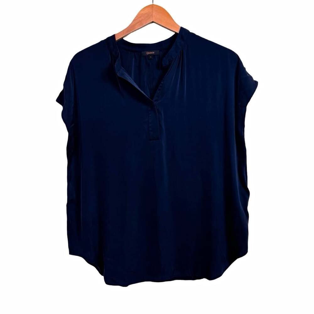 Quince Navy Satin Top V-Neck Cap Sleeve Button Blouse Size L